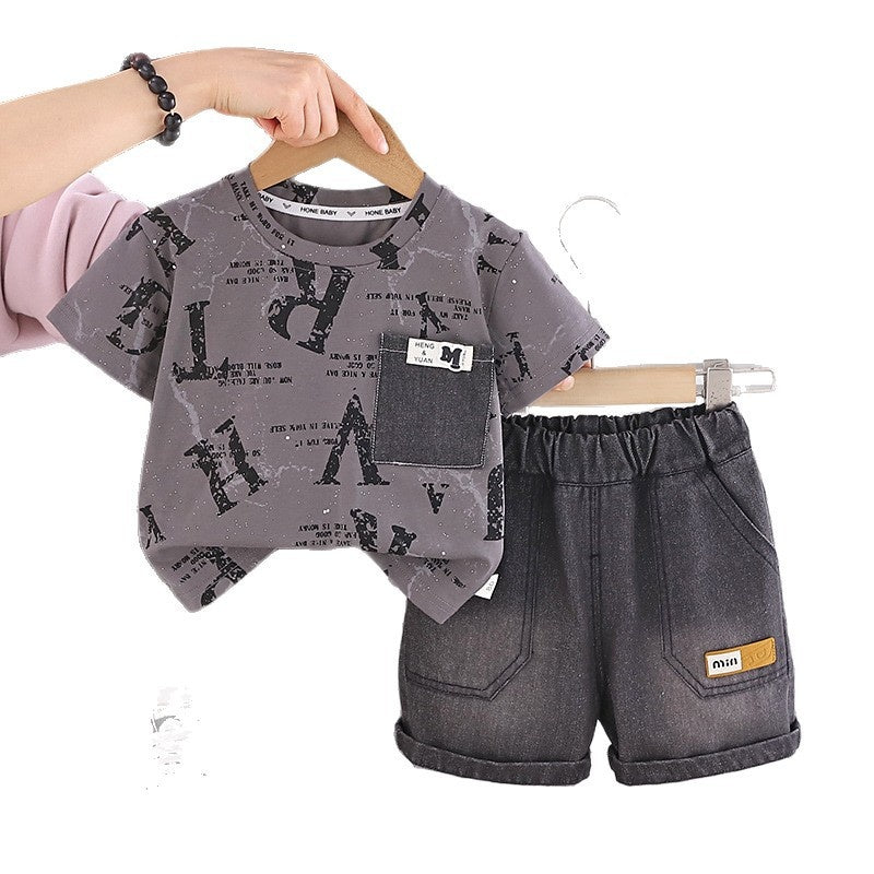 Boys' Outfit 2026 New Style Infant Children's English Pocket Short Sleeve Two-Piece Set Stylish Baby Summer Casual Wear