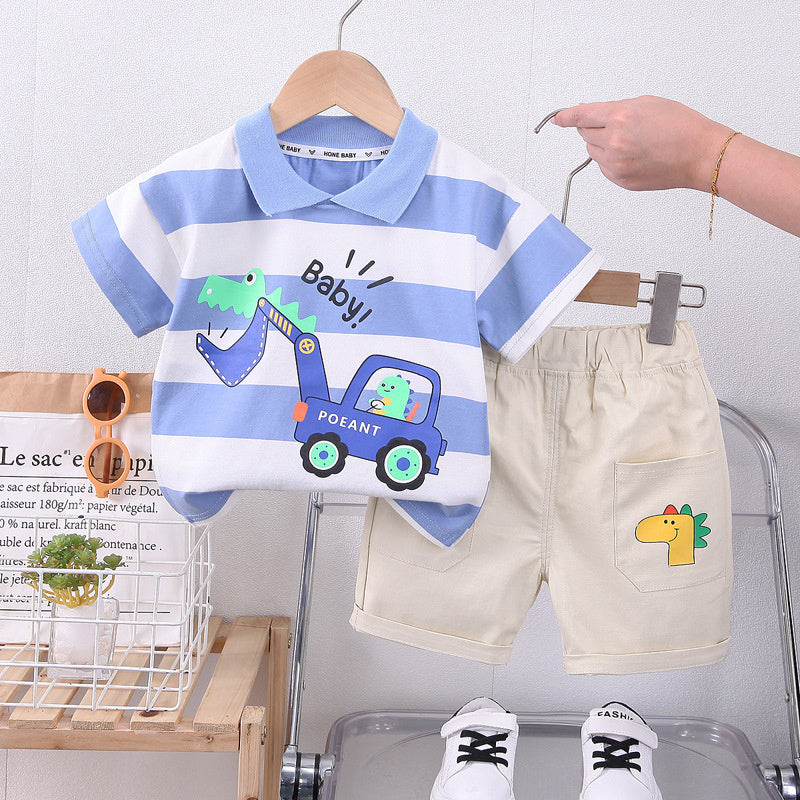 Boys' Outfit Set Korean Style Trendy Children's Striped Cartoon Excavator Short Sleeve Clothing for One-Year-Old Baby Summer Clothes