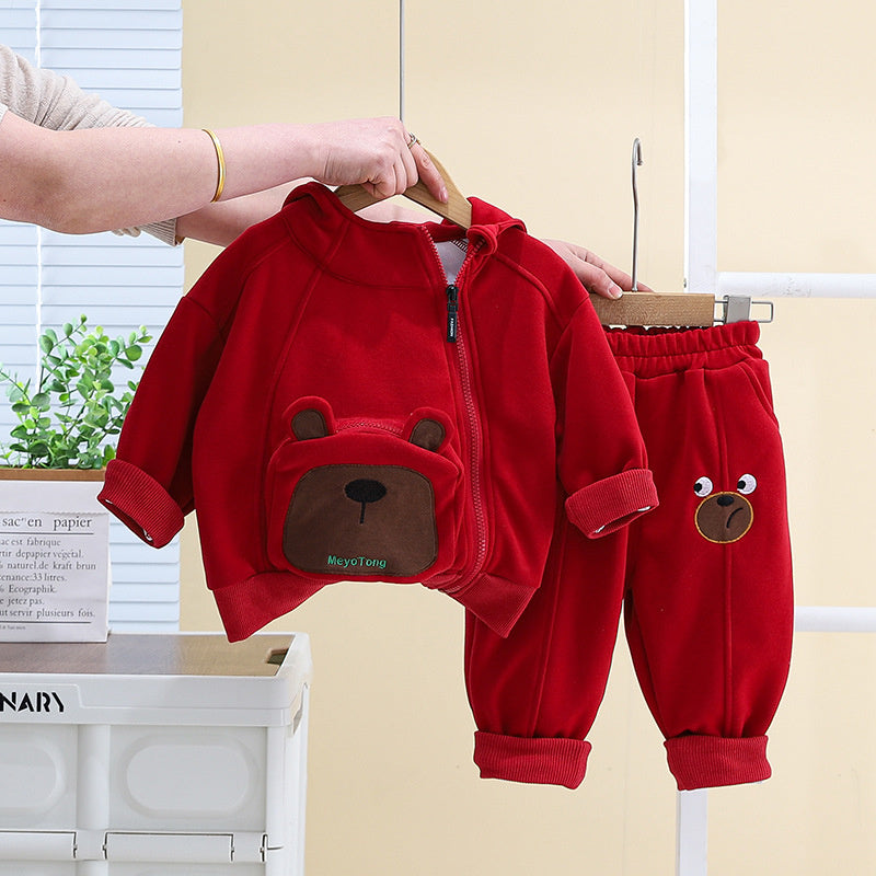 Boys' Spring Outfit with 3D Pocket Bear Zipper 2024 New Fashionable Children's Casual Two-Piece Set