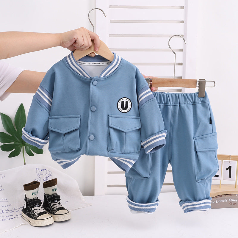 Boys' Spring and Set 2025 New Children's Stylish Letter Baseball Jacket Two-Piece Baby Autumn Casual