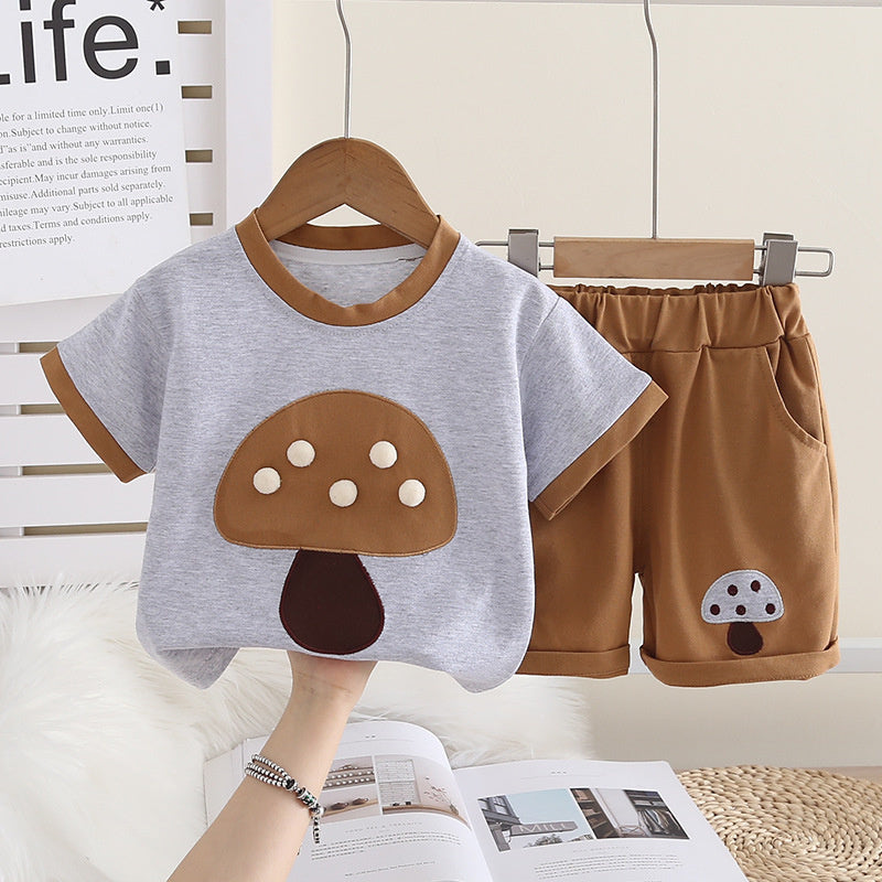 Boys' Outfit 2026 New Style Children's Summer Clothes for Toddlers, Trendy Cute Mushroom Short Sleeve Two-Piece Set