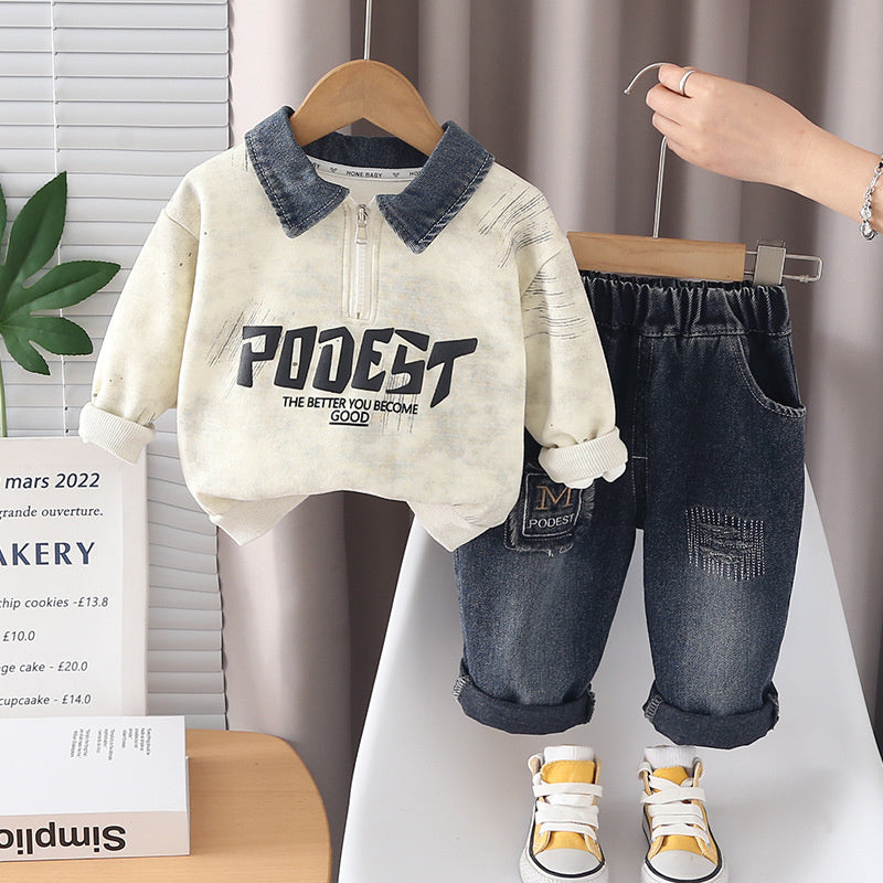 Boys' Outfit 2026 New Fashionable Children's Spring and Autumn Clothes Baby Boy's Foam Letter Sweatshirt Two-Piece Set