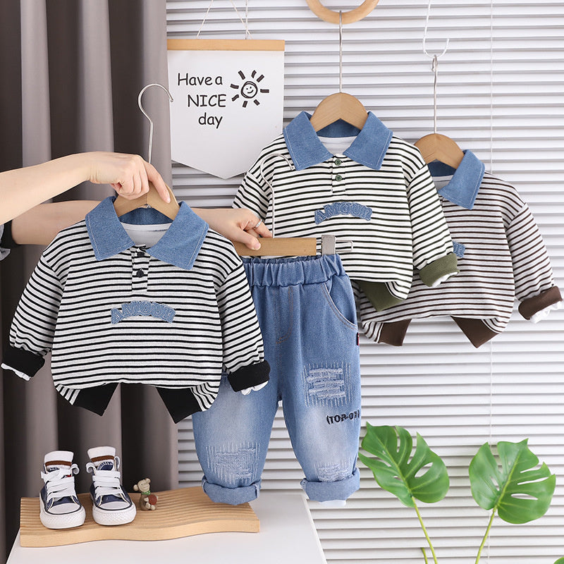 Boys' Outfit Set 2026 New Style Infant Children's Spring and Autumn Striped Denim Polo Sweatshirt Two-Piece Baby Boy Clothes