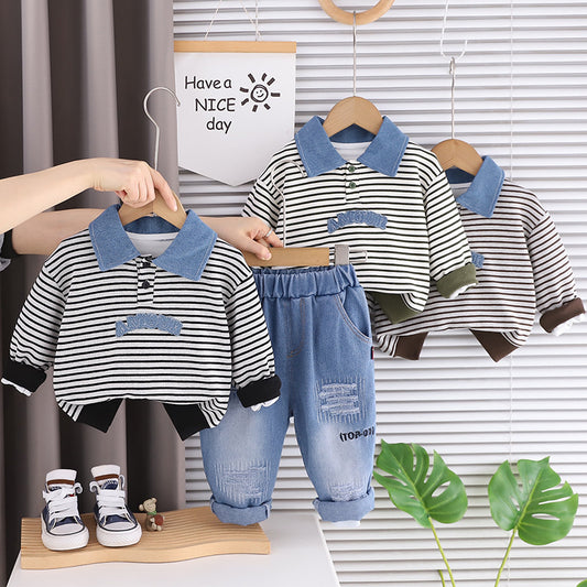 Boys' Outfit Set 2026 New Style Infant Children's Spring and Autumn Striped Denim Polo Sweatshirt Two-Piece Baby Boy Clothes