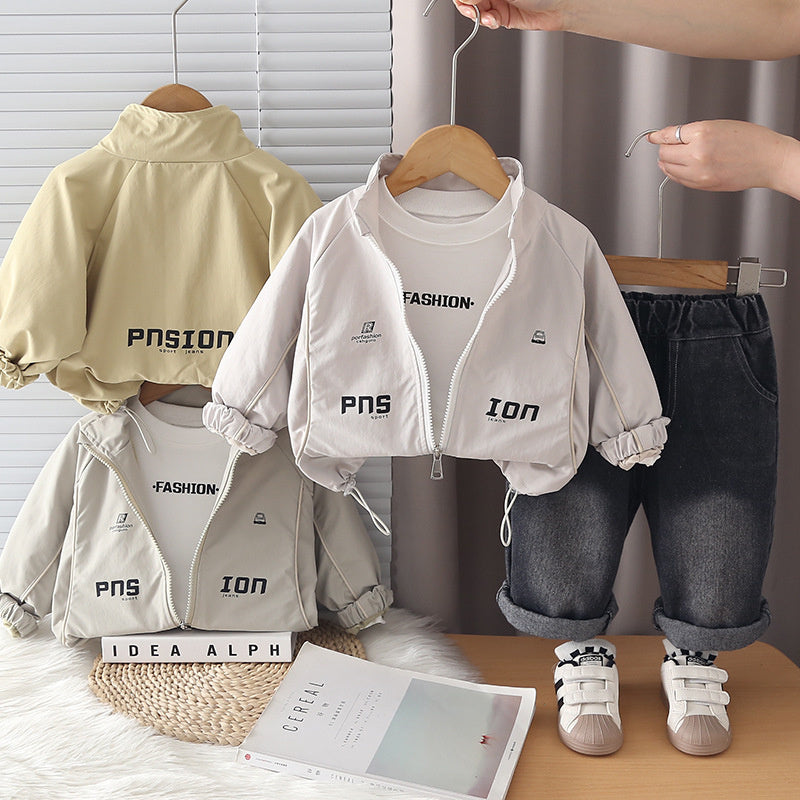 Boys' Autumn Casual Striped Letter Three-Piece Set 2026 New Korean Style Stylish Baby Clothing Outfit Trendy