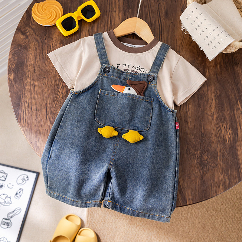 Children's Duck Denim Overalls 2025 New Boys' Summer Thin Short Sleeve Two-Piece Set Trendy