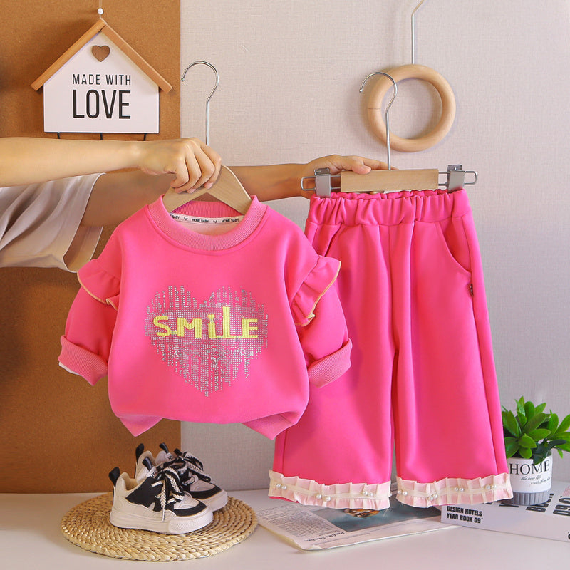 Girls' Outfit Baby 2026 New Style Infant Children's Spring and Autumn Rhinestone Letter Long Sleeve Sweatshirt Two-Piece Set Trendy