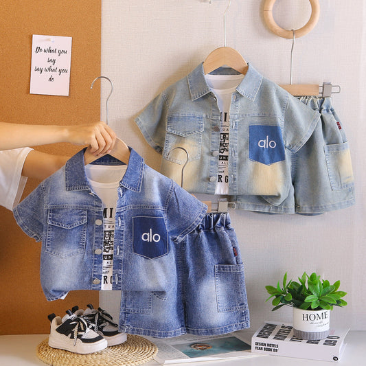 Baby Boy Outfit New Fashionable Infant Children's Faux Pocket Denim Three-Piece Set Cute Boys' Summer Clothes