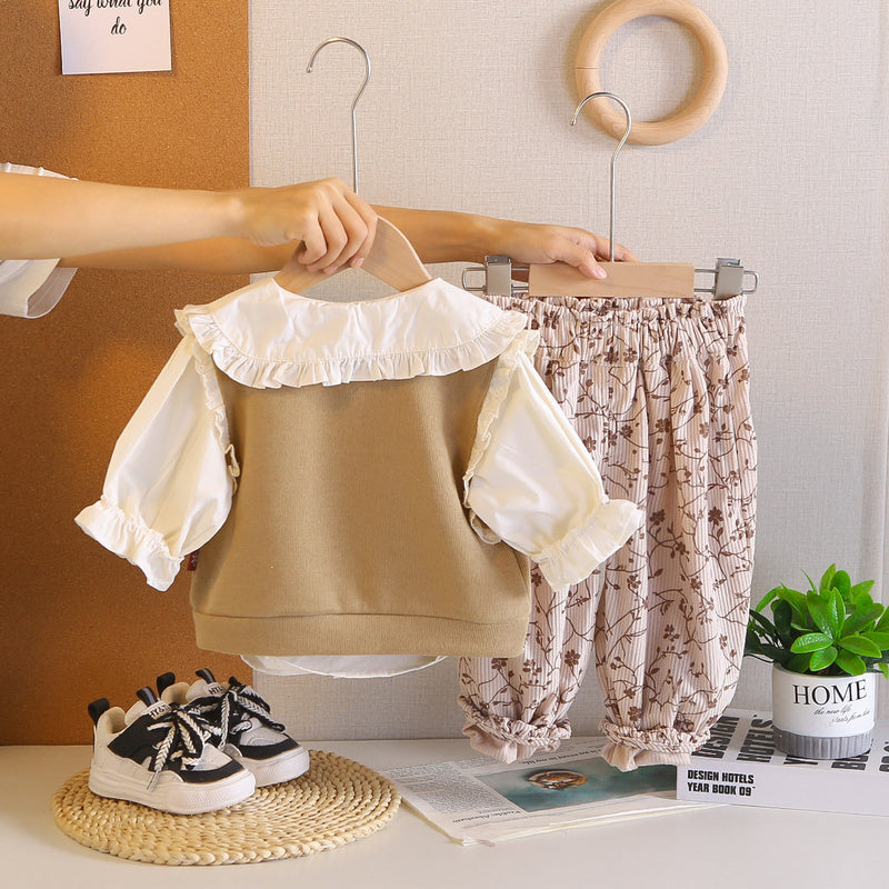 Girls' stylish and autumn lace vest three-piece set, 2026 new Korean style outfit girls, spring fashion for toddlers