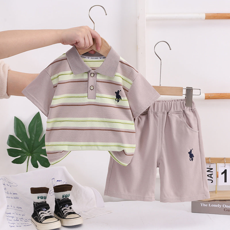 Boys' Outfit 2026 New Trendy Baby Summer Striped Embroidered Short Sleeve Clothes Fashionable Two-Piece Set