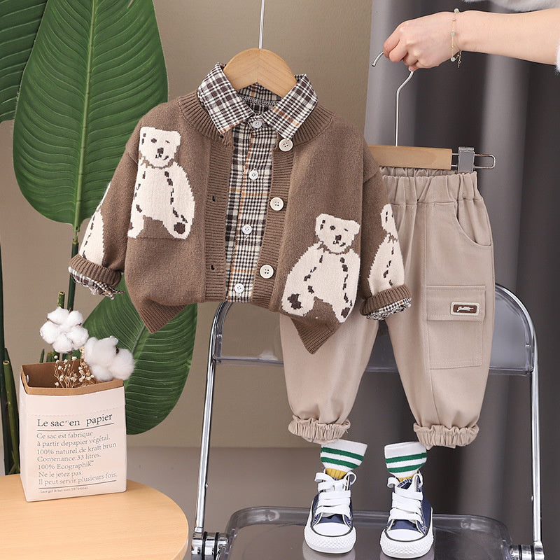 Baby Spring Outfit Stylish 1-4 Years Old Boys Bear Long Sleeve Sweater Three-Piece Set Infant Children's Clothing