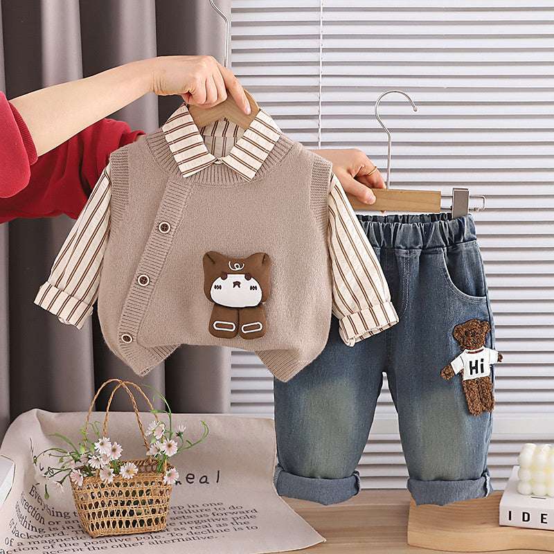 Boys' Outfit 2026 New for Baby Boys Toddlers, Spring and Autumn Fashionable Korean Style Sweater with Bear Design, Three-Piece Set