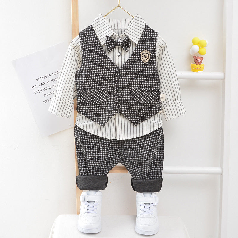 Little Boy's and Autumn Outfit 2020 New Children's Baby Houndstooth Vest Three-Piece Set Spring Style Fashionable