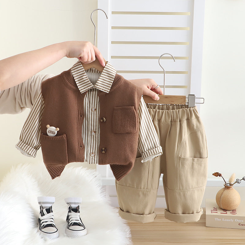Boys' Suit and Autumn 2025 New Children's Spring Pocket Bear Sweater Vest Three-Piece Set Baby Clothing