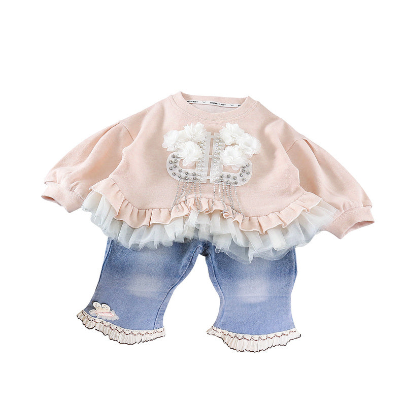 Girls' Outfit 2026 New Style Baby Girls Toddlers, Stylish Korean Version with Floral Lace Two-Piece Set for Spring and Autumn