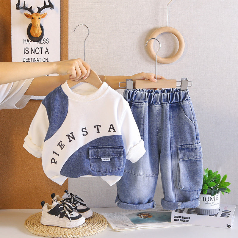 Baby Boy Outfit 2026 New Fashionable Spring and Autumn Clothes for Boys Two-Piece Set with Denim Letter Sweatshirt