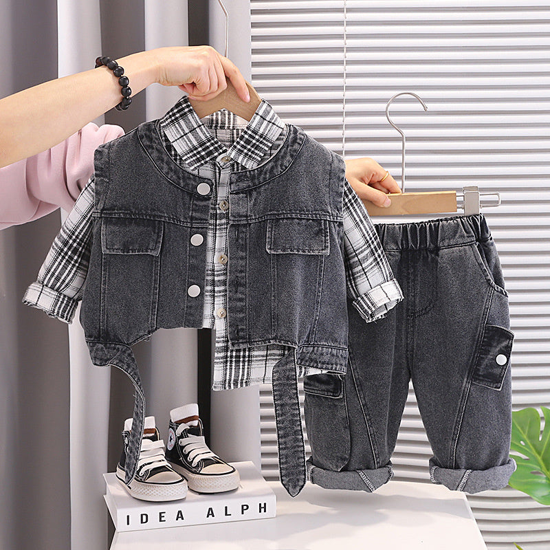 Boys' and Autumn Outfit 2026 New Fashionable Children's Spring Clothing Baby Trendy Denim Vest Three-Piece Set