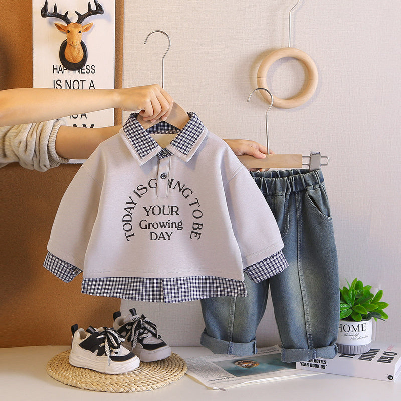 Baby Boy Spring Outfit, Boys' Plaid English Collar Two-Piece Set, Infant and Toddler Clothing, 2026 New Model