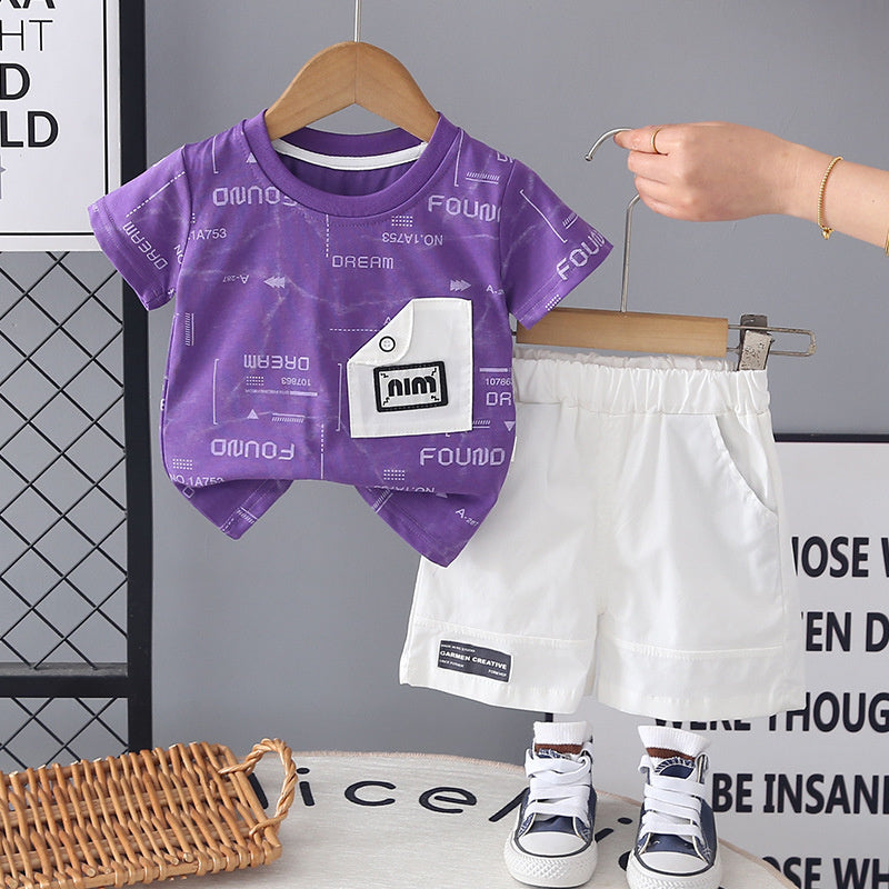 Boys' button pocket short-sleeve suit 2026 new style baby outfit infant children's clothing toddler summer clothes trendy