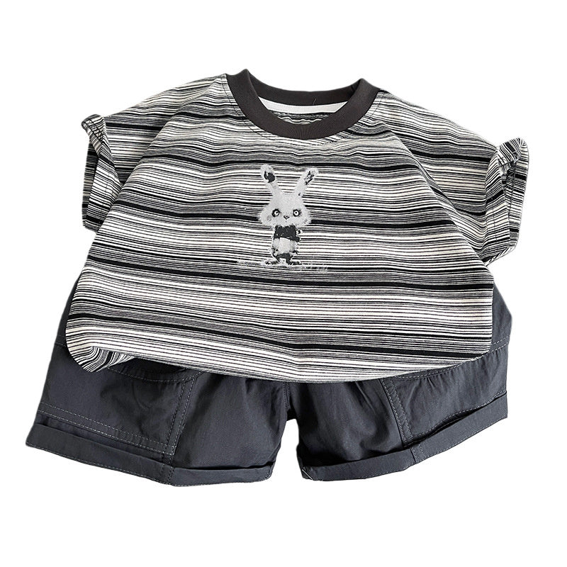 Boys' Outfit 2026 New Style Children's Striped Rabbit Short Sleeve Fashionable Baby Summer Clothes Two-Piece Set Trendy