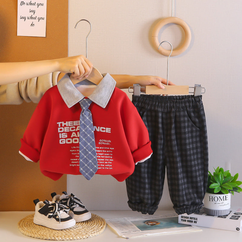 2026 New Boys' Outfit: Tie, English Collar Sweatshirt, Spring Long-Sleeve Two-Piece Set, Trendy Children's Clothing