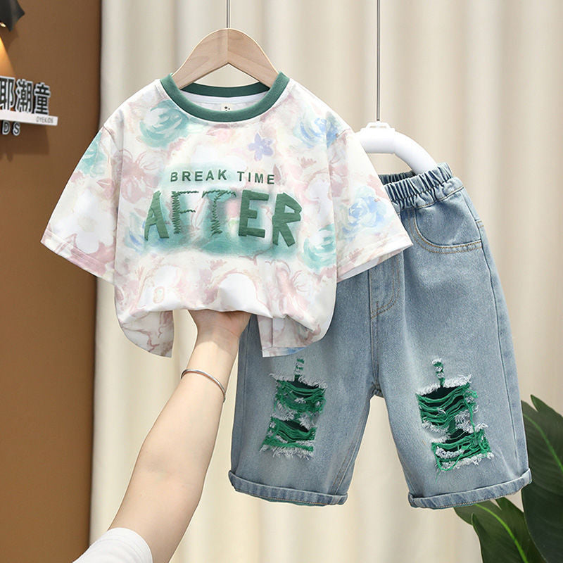 Boys' Short-Sleeve Outfit 2024 New Fashionable Children's Clothing Older Boys, Stylish Lightweight Two-Piece Set for Summer