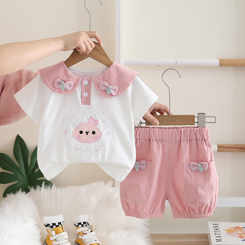 Summer style girls' short-sleeve with lamb doll collar, fashionable outerwear set, trendy Korean version, new summer stylish outfit for toddlers