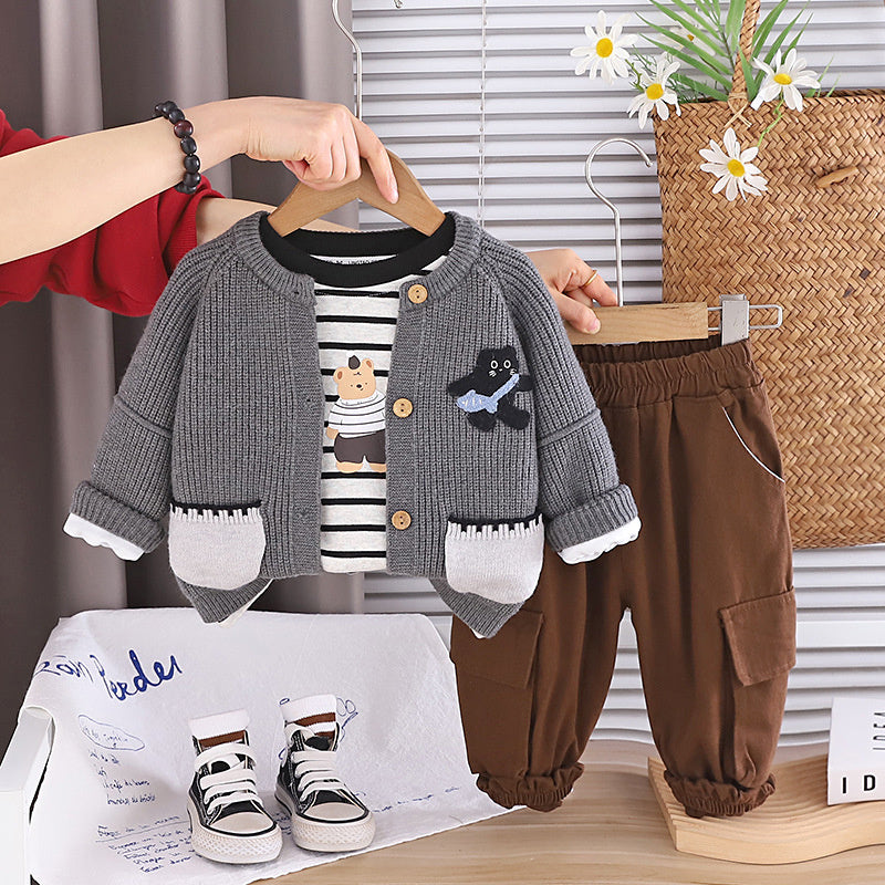 Baby boy outfit for 1-3 year olds, stylish children's spring and autumn two-pocket cat three-piece set