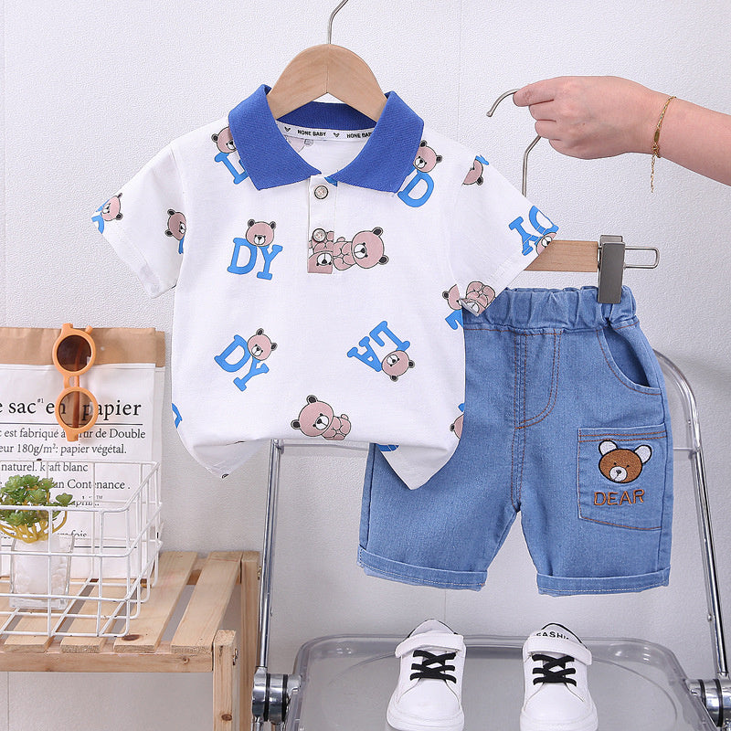 Baby Summer Outfit 2023 New Stylish Fashionable Children's Short-Sleeve Suit with Bear Print and Turn-down Collar for Boys