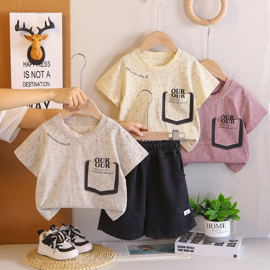 Boys' and girls' pocket short-sleeve T-shirt casual set 2026 summer new children's fashionable two-piece outfit
