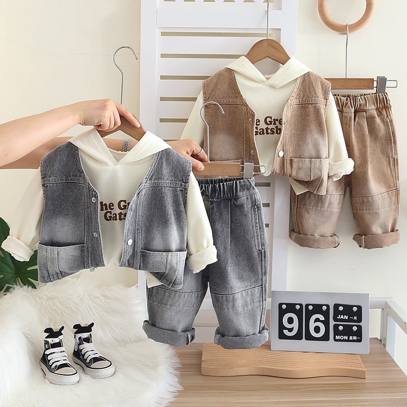 Baby Clothes Stylish Boys 2025 New Spring Autumn Infant Children Hat Letter Vest Three-Piece Set