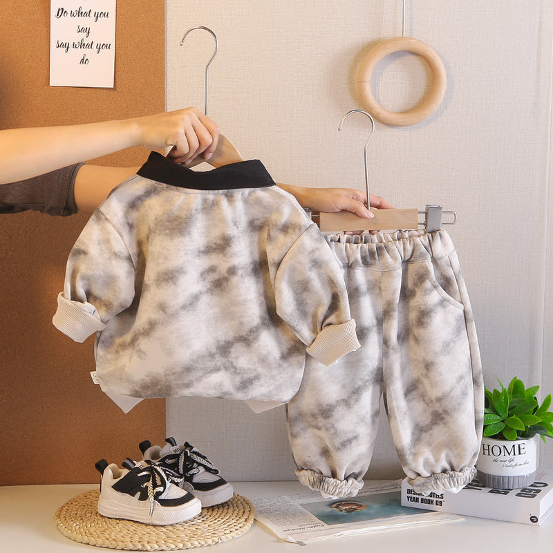 Boys' Outfit Infants Children, New Spring Autumn Style, Stylish Korean Version with Tie and Tie-Dye Long Sleeve Two-Piece Set for Boys