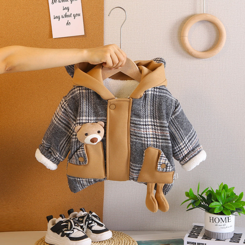 Boys' 2025 New Thickened Fleece Cartoon Pocket Bear Stylish Versatile Single Piece Plaid Jacket