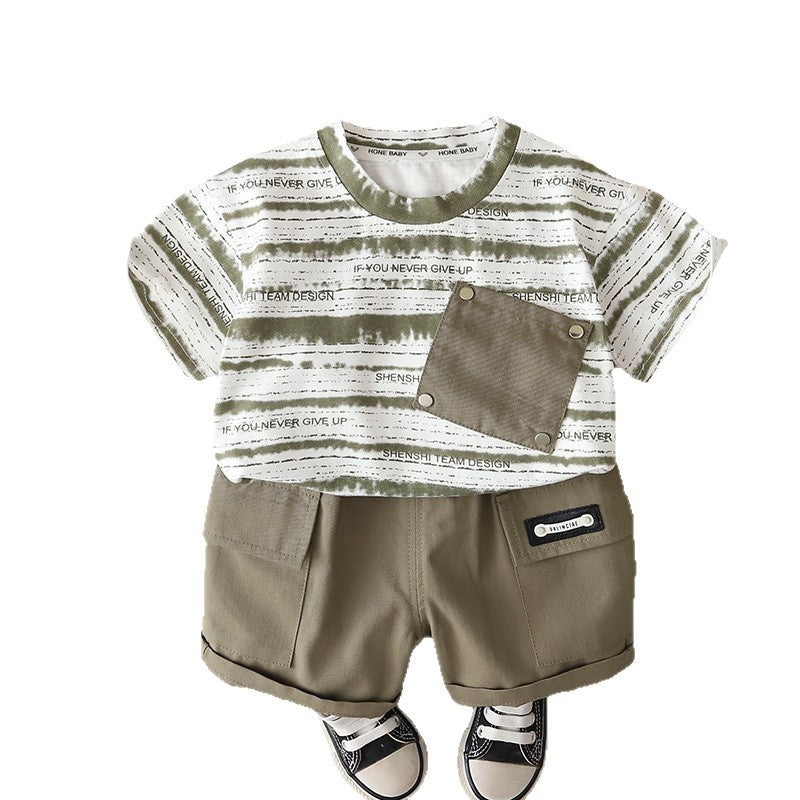 Boys' Outfit 2026 New Fashionable Summer Clothes for Boys Baby Striped Diagonal Pocket Short Sleeve Thin Children's Clothing