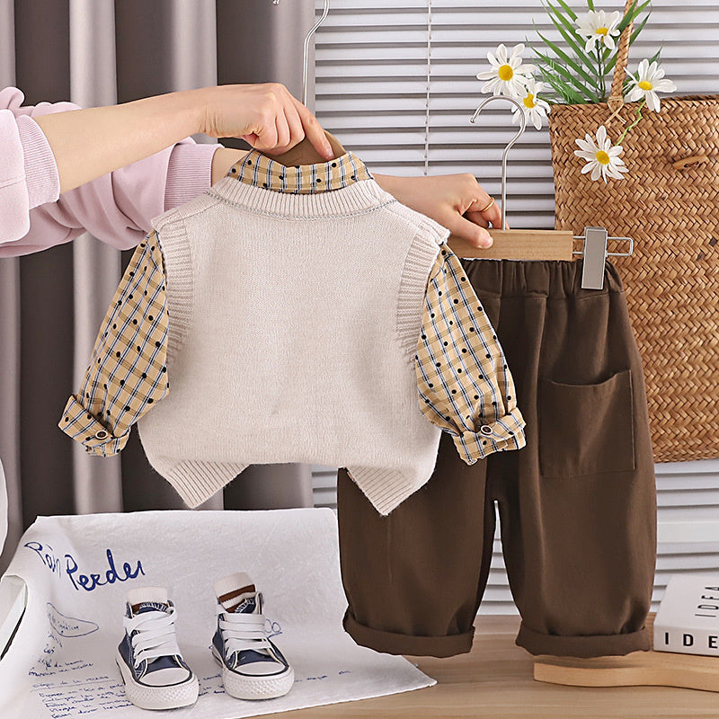 Boys' Outfit 2026 New Fashionable Children's Spring and Autumn Cartoon Puppy Sweater Vest Baby Three-Piece Set