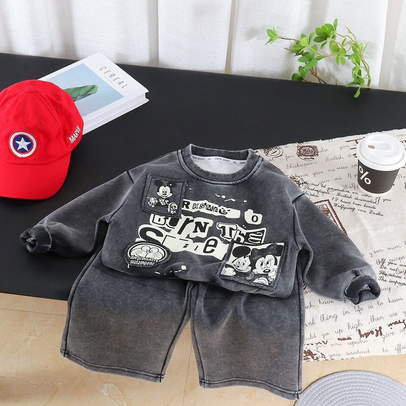 Boys' Outfit 2026 New Fashionable Cartoon Letter Two-Piece Set Baby Autumn Casual Sweatshirt Toddler Sportswear