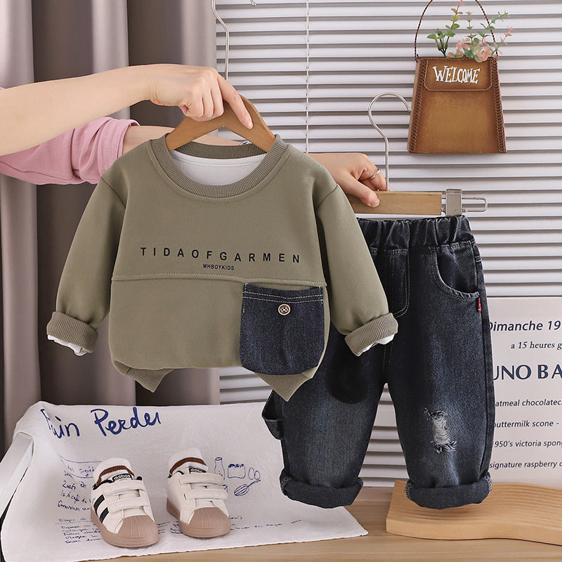 Boys' Suit 2026 New Style Children's Stylish Big Pocket Sweatshirt Outfit Baby Fashionable Spring and Autumn Two-Piece Set