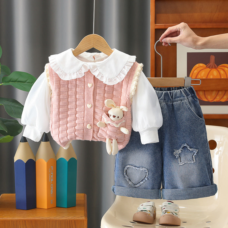 Baby Girl Outfit 2026 New Fashionable Infant Clothes Girls' Spring and Autumn Cartoon Doll Rabbit Sweater Three-Piece Set