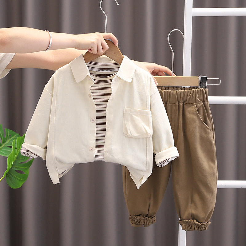 Boys' Outfit 2024 New Korean Style Children's Spring and Autumn Clothes Baby Solid Color Shirt Three-Piece Set Trendy