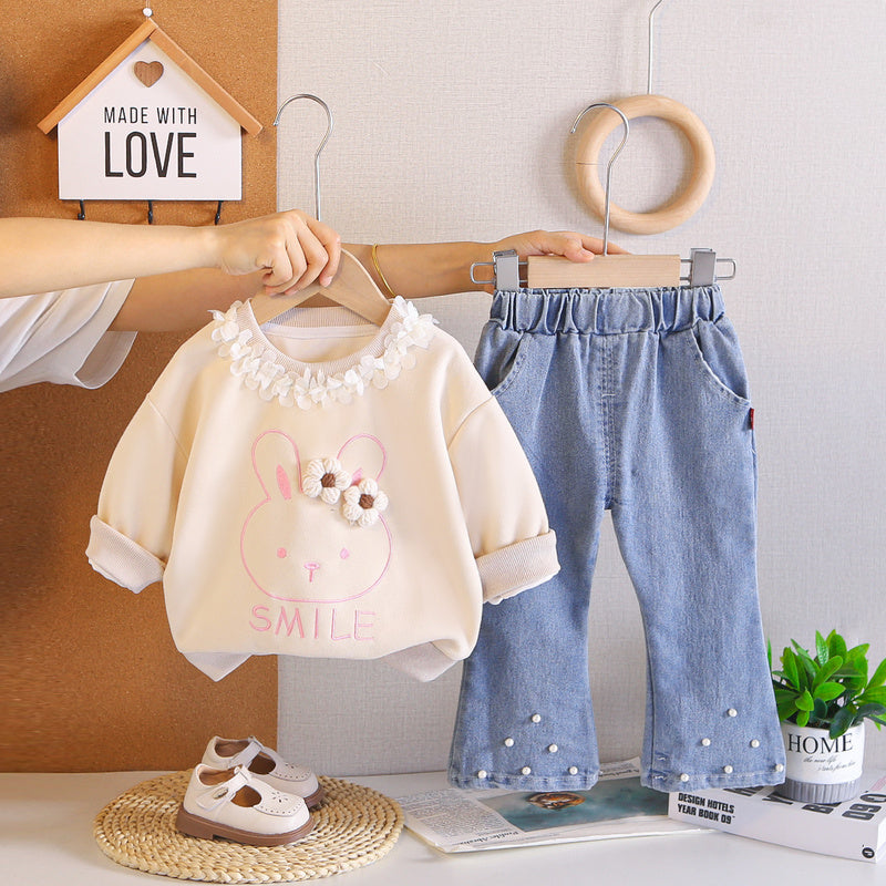 Girls' Floral Sweatshirt Set 2026 New Autumn Two-Piece Outfit Trendy Baby Casual Sportswear Children's Fashion Clothing