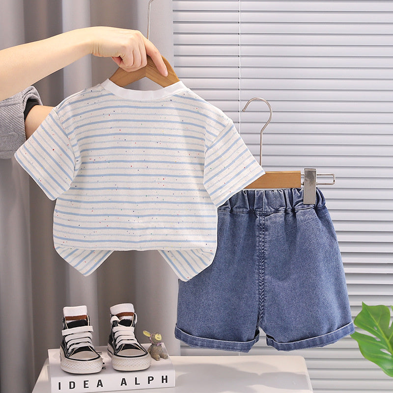 Boys' Outfit 2026 New Fashionable Two-Piece Set Baby Summer Half-Striped Short Sleeve Shorts for Infants and Toddlers