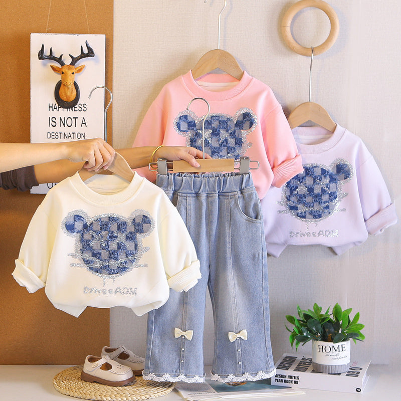 Girls' Outfit 2026 New Fashionable Baby Girl Spring and Autumn Plaid Bear Head Sweatshirt Two-Piece Set