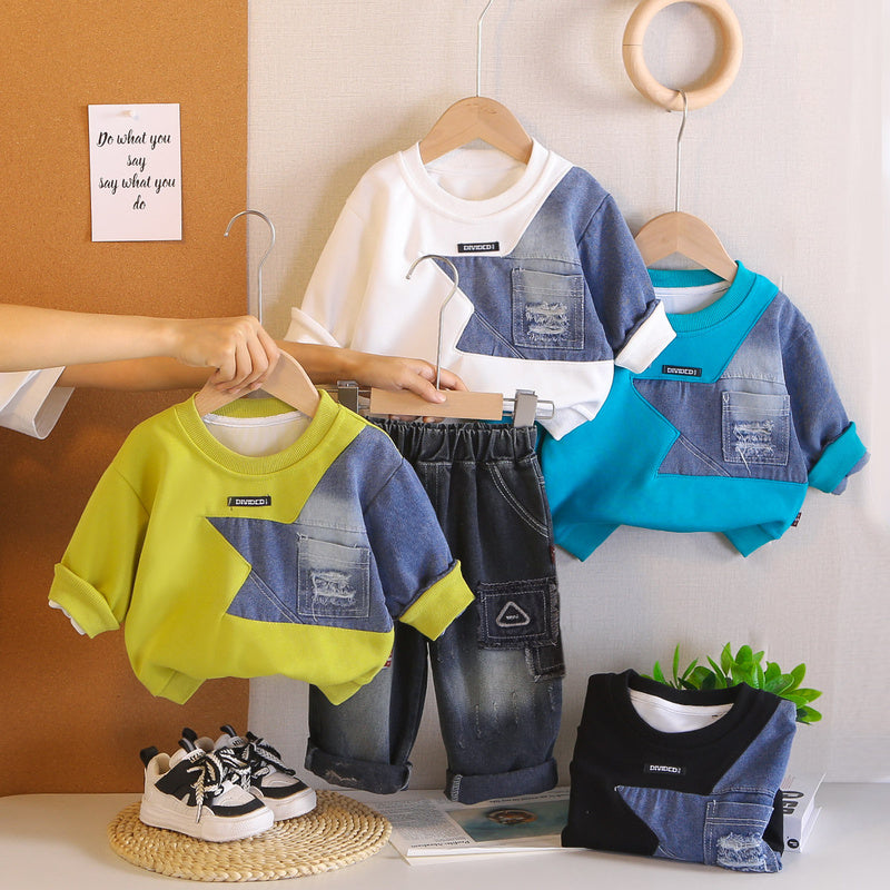 Boys' Casual Outfit 2026 Fashionable Baby Patchwork Pocket Sweatshirt New Two-Piece Set for Spring and Autumn