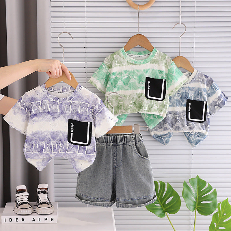 Stylish outfit baby boys: ripped letter print short-sleeve set, two-piece clothing infants and children, trendy summer wear for boys