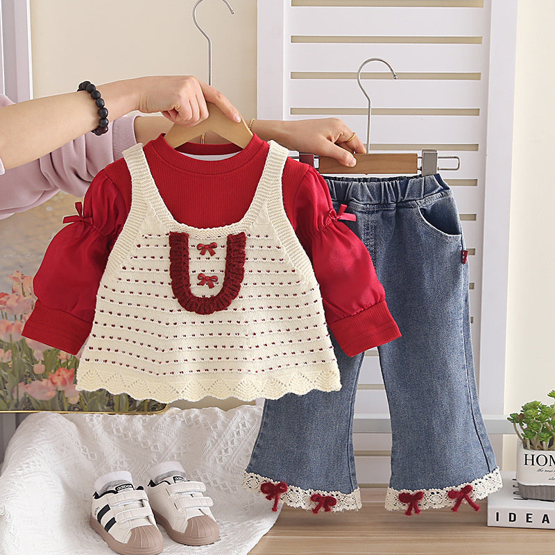 Baby Girl's and Autumn Fashionable 2-piece Outfit, Korean Style Infant Clothing for 1-year-old Girls, Spring Bowknot Three-piece Set