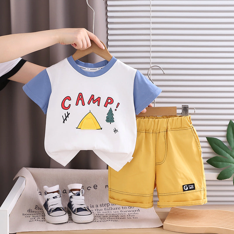 2026 New Thin Cartoon Tent Letter Two-Piece Set for Boys, Summer Children's Short-Sleeve Outfit, Trendy Wholesale