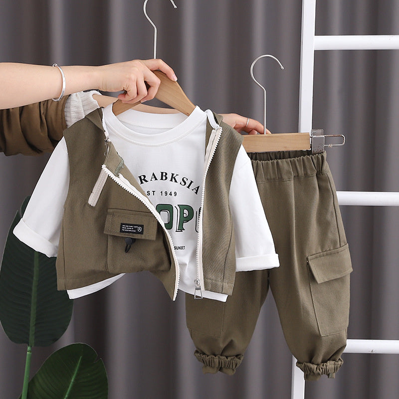 Boys' Spring Outfit 2024 New Korean Style Fashionable Children's Hooded Baby Double Zipper Workwear Vest Three-Piece Set