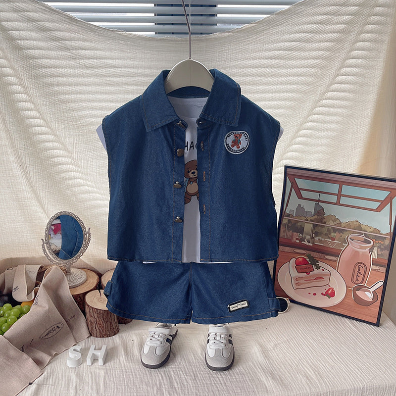 Boys' Summer Outfit: Stylish Children's Short-Sleeve Clothes, 2026 New Fashionable Baby Denim Vest Three-Piece Set