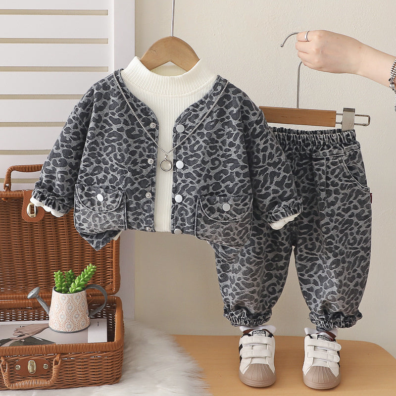 Girls' Outfit 2026 Children's Leopard Print Denim Three-Piece Set Baby Korean Style Spring and Autumn Fashion New Wholesale