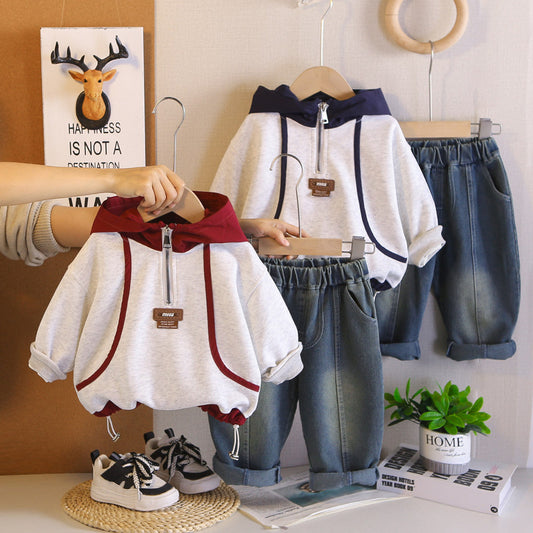 Boys' Outfit 2026 New Children's and Autumn Color-Block Sweatshirt Two-Piece Set Stylish Baby Spring Clothes